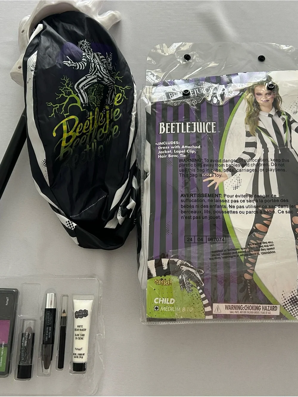 Beetlejuice Child Costume Dress & Accessories - makeup and candy bag HALLOWEEN